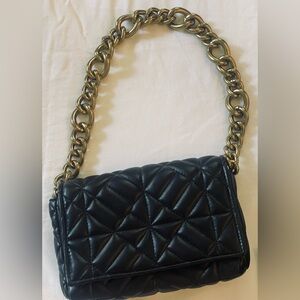 ZARA WOMAN Black QUILTED SHOULDER BAG WITH Brass Tone CHAIN